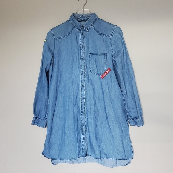 Zara Denim Patch Shirt Dress Button Down Collared Blue Womens Size Small - Picture 2 of 12